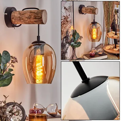 Produktbild von Usigliano Wandlampe aus Metall/Holz/Glas in Schwarz/Natur/Bernstein