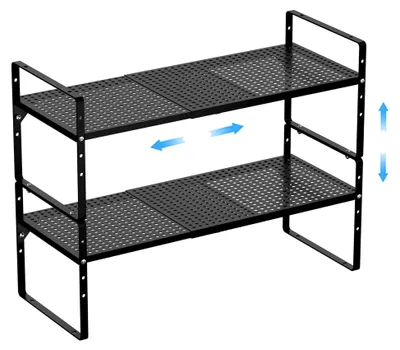 Produktbild von Erweiterbarer Küchenschrank-Regal-Organizer, stapelbar, Metall, Aufbewahrung für die Speisekammer, verstellbares Thekenregal für Schränke und Arbeitsplatten