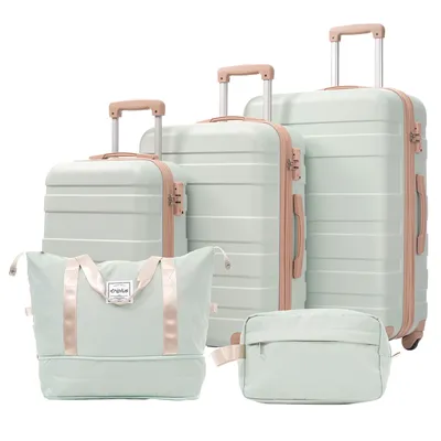 Produktbild von Flieks Reisekofferset Trolley-Set 5-tlg., Hartschalenkoffer Rollkoffer mit 2 Tasche, Gepäckset mit Kosmetiktaschen, Trolleys mit TSA-Schloss, Grün