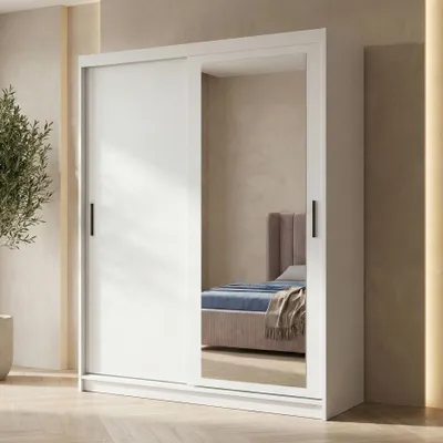 Image de BEAUTYSOFA | Armoire HELA 160 cm blanche – Armoire moderne avec miroir et portes coulissantes, design minimaliste