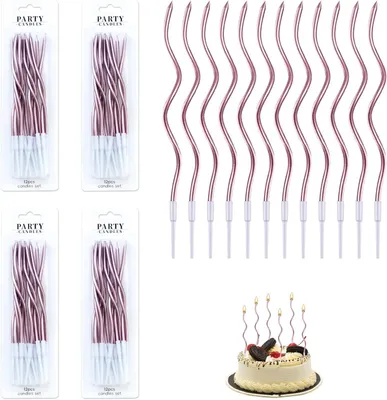 Produktbild von 48 Geburtstagskerzen, spiralförmig, roségold, lange Tortenkerzen mit Ständer, Tortendekoration für Geburtstag, Hochzeit, Party, Babyparty