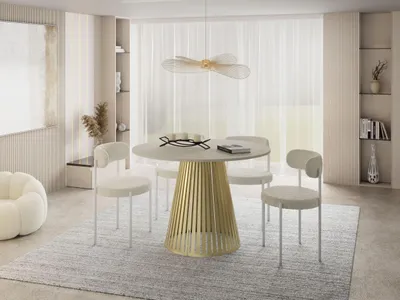 Produktbild von Esstisch Rund Ausziehbar mit Lamellen im Loft-Stil – 100 bis 180 cm – Industrieller Tisch mit Goldenen Metallbeinen, Platzsparend für Wohnzimmer oder Esszimmer – Beige Kaschmir