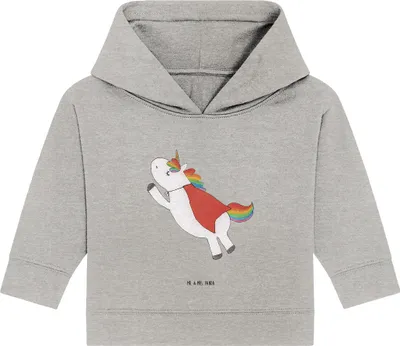 Produktbild von Mr. & Mrs. Panda Organic Baby Hoodie Einhorn Geburtstag 24. - 36. Monat - Heather Grey - Geschenk, Kapuzenshirt, Einhörner, Superheld, Unicorn, Held, Kapuzensweatshirt