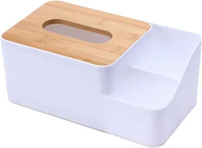 Produktbild von Taschentuchbox aus Kunststoff mit Holzdeckel, Serviettenbehälter, Aufbewahrungsbox für Büro und Zuhause
