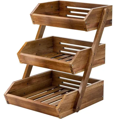 Immagine prodotto di Cestino per frutta in legno di acacia, con 3 ripiani removibili, ideale per la cucina, per frutta, verdura, pane, snack