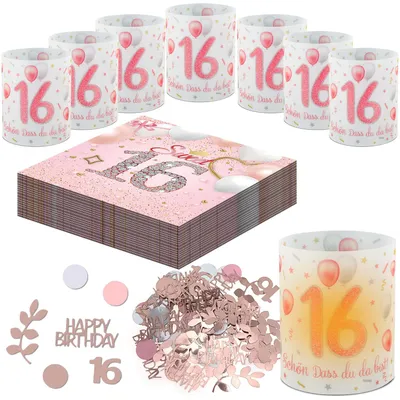 Tafeldeko-Set 16. Geburtstag Mädchen – Servietten, Windlicht, Konfetti