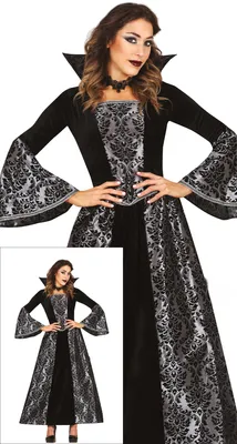 Productafbeelding van Halloween-kostuum: Vampiergravin. Elegant, middeleeuws, gotisch, mystiek, sprookjesachtig, betoverend. Prinses-thema. Geschikt voor de nacht, renaissance, donkere gelegenheden. Maat: 42-44 (L). Kleur: zwart