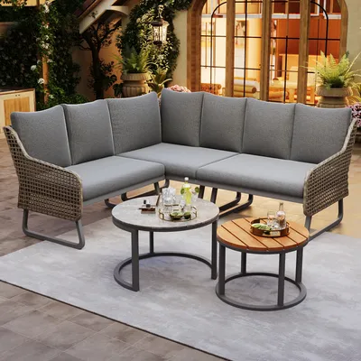 Obrázek produktu pro MODFU Zahradní nábytek set pro 6-7 osob, zahradní relaxační křesla se 2 stolky, zahradní lounge set s nastavitelnými nohami a polštáři, šedá