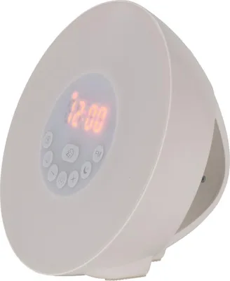 A white alarm clock with a digital display showing the time.