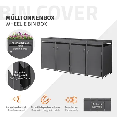 Obrázek produktu pro ML-Design 4-košový box na odpadky se stříškou pro 4 odpadkové koše, 240L 264x80x124cm antracit, ocel, odolný proti povětrnostním vlivům/uzamykatelný