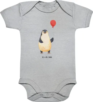 Produktbild von Mr. & Mrs. Panda babykleidung body Pinguin Luftballon 1. - 3. Monat - Heather Grey - Geschenk, Babybody, Strampler, Kirmes, Jahrmarkt, Glück, Liebe, Baby, overall