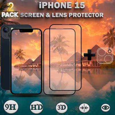Obrázek produktu pro 2 balení ochranného krytu displeje a objektivu iPhone 15 z tvrzeného skla 9H