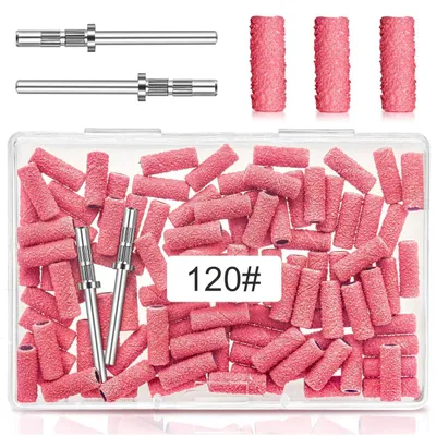 Image de Manches abrasifs pour fraiseuse à ongles, 3,1 mm, grain 120, couleur rose, 100 pièces, avec embouts pour ongles en acrylique, gel, manucure et pédicure