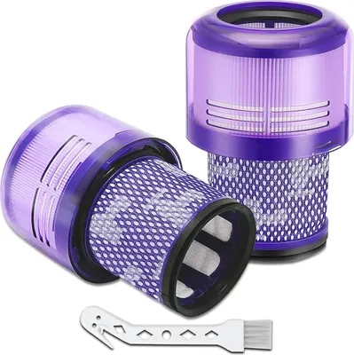 Two purple vacuum cleaner filters and a small cleaning brush are displayed against a white background.
