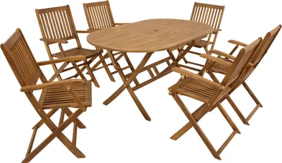 Produktbild von DEGAMO Gartenmöbel-Set BENITA Klappgarnitur, Akazie geölt, 7-teilig, 85x160cm, mit Schirmloch, Stuhl: B 53,5cm T 58cm H 90cm