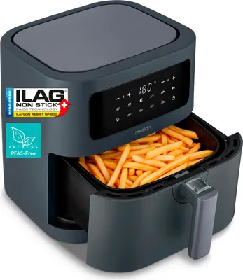 A dark gray Medion air fryer filled with french fries, with its digital display showing '180'.