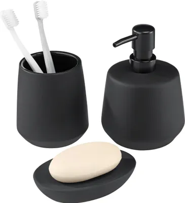 Produktbild von Navaris Badezimmer Set Schwarz - Hochwertige Keramik Badaccessoires - 3-teiliges Set - Zahnputzbecher, Seifenablage, Spender - Badezimmer Zubehör -