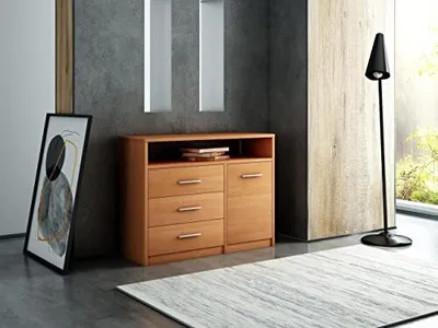 Produktbild von MATKAM Kommode Bodo 1D3SO, H75 x B98 x T35 cm, mit 3 Schubladen, einem Ablagefach und einem Türschrank, Griffe in Metall-Optik (Erle)