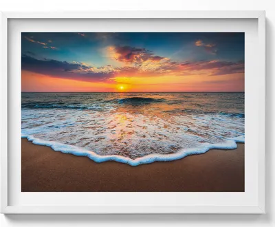 Produktbild von Sonnenuntergangslandschaft über dem Meer– Wandbild mit Rahmen – Gerahmtes Bild  – Wanddekoration – 80x60 cm –  Weiß Rahmen