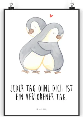 Produktbild von Mr. & Mrs. Panda Bild Pinguine Kuscheln DIN A4 - Weiß - Geschenk, Hochzeitstag, Kunstdruck, für Frauen, Männer, Valentinstag, drucke, Freundin, Wandbild, wanddeko, Freund