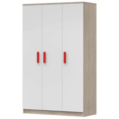Kleiderschrank Drehtürenschrank Kinderkleiderschrank Schrank 120cm Sonoma Eiche/Weiß mit rote Griffe - JONAS 19