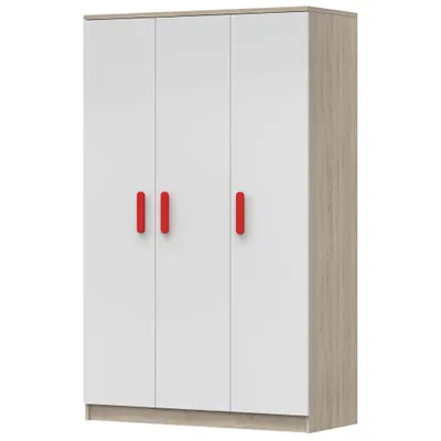 Produktbild von Kleiderschrank Drehtürenschrank Kinderkleiderschrank Schrank 120cm Sonoma Eiche/Weiß mit rote Griffe - JONAS 19