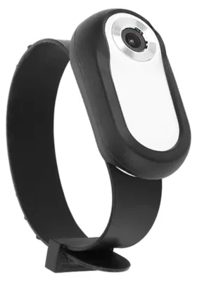 A close-up product shot of a black and silver wearable camera on a white background.