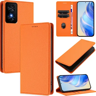 Produktbild von Litchi Leder Handyhülle für TCL 50 SE Wallet Kartenfächer Standfunktion Hülle Orange