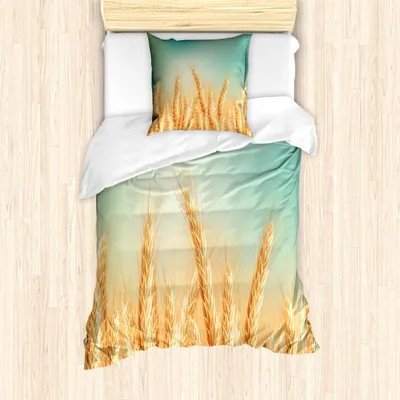 Produktbild von ABAKUHAUS Ernte Mantele, Weizen-Feld Blue Sky, Milbensicher Allergiker geeignet mit Kissenbezügen, 135 cm x 200 cm - 80 x 80 cm, Gelb Orange Mint Green