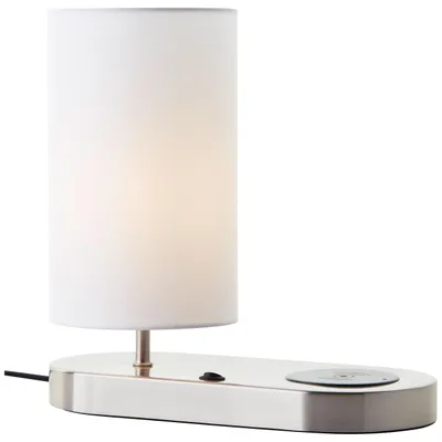 Produktbild von Moderne Tischlampe mit kabelloser Ladefunktion und weißem Stoffschirm