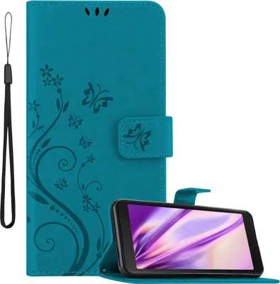 A teal flip phone case with a floral and butterfly design is shown open, with a smartphone placed inside and angled upwards.
