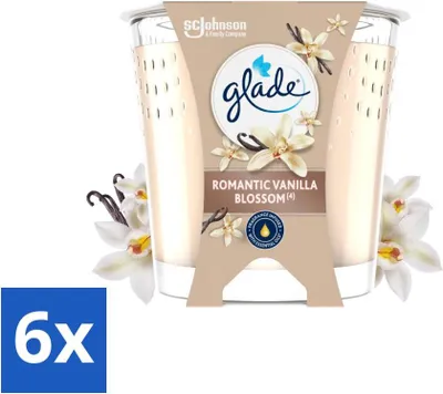 Imagen del producto de Glade - Vela aromática Romantic Vanilla Blossom - 100% cera de colza y vegana - 112 g - Paquete ahorro - 6 unidades