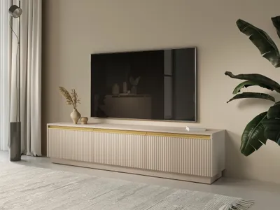 Zdjęcie produktu dla BETTSO Szeroka beżowa szafka RTV pod TV ROY z prążkowanymi frontami