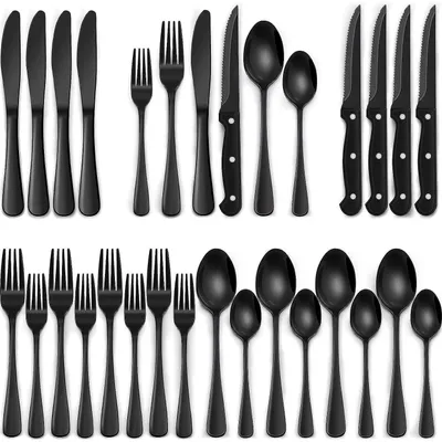 Produktbild von Besteckset 36-teilig für 6 Personen Schwarz Edelstahl mit Steakmessern, spülmaschinenfest