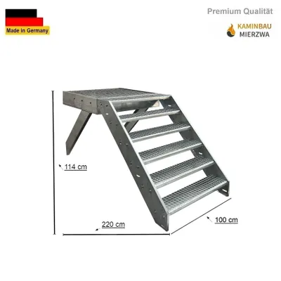 Produktbild von Podesttreppe Wangen- Stahltreppe 6 Stufen Höhe 114cm inklusive Podest 100x100cm ohne Geländer Verzinkt / Ausrichtung Treppe Vorne