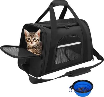 Produktbild von Transporttasche für Katzen und Hunde, atmungsaktive und faltbare Katzentransportbox mit herausnehmbarer Plüschmatte und Napf für unterwegs