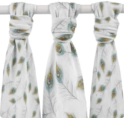 Produktbild von xkko Bamboo-Mullwindel Digitaldruck 70x70 3er-Set Peacock Feathers