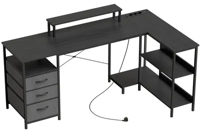 Produktbild von Schreibtisch in L-Form, umkehrbarer Eckschreibtisch mit Schubladen und Regalen, 170 cm, Schwarz