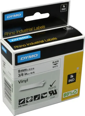 Produktbild von DYMO Rhino-Industrie-Vinyletiketten | 9 mm x 5,5 m | schwarz auf weiß | selbstklebendes Schriftband | für Rhino und LabelManager Beschriftungsgerät, Schwarz auf weiss, Mehrfarbig, Vinyl, -40 - 80 °C, UL 969, DYMO