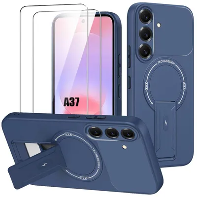 Image de Coque + 2 Verres Trempés pour Samsung Galaxy A37 5G, Silicone avec Cercle Magnétique - Bleu Marine