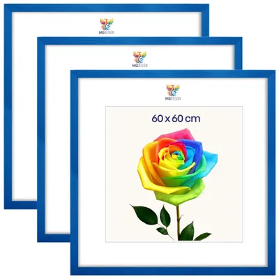 Produktbild von MG Design 3er Set Bilderrahmen 60 x 60 cm - Posterrahmen mit Blau Echtholzrahmen und bruchsicherem Acrylglas, Hoch & Quer mit stabiler Wandaufhängung