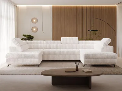 Produktbild von GrainGold Ecksofa U-Form Argon - Ecksofa mit Schlaffunktion, Bettkasten - Moderne Ecksofa, Wohnzimmer Sofa - Eckcouch mit Cord -Stoff - Creme (Tilia 01)