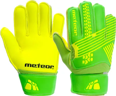 A pair of bright yellow and green goalkeeper gloves are shown against a white background.