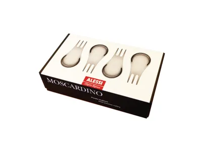A product box for Alessi Moscardino cutlery, showing the items inside.