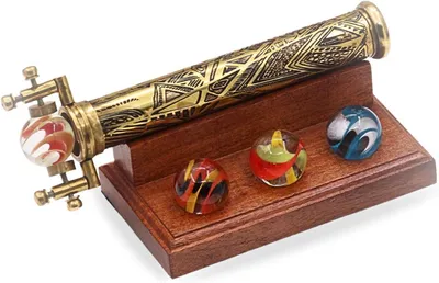 Productafbeelding van Messing grote marmeren scope caleidoscoop met vier - Vintage Retro Marblescope met hardhouten displaystandaard