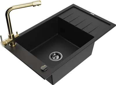 Produktbild von Mexen Elias 1 Becken-Granitspüle mit Abtropffläche und Mischbatterie Duero, Schwarz - 6511-77-671600-50-B