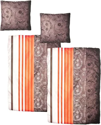 Produktbild von Hochwertige Feinbiber Bettwäsche Baumwolle Ornamente Orange Lila  155x220 80x80: 4tlg.