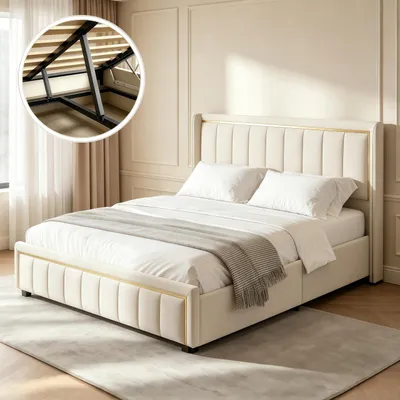 Produktbild von SUNFECILI Polsterbett 160x200 cm,Boxspringbett 160x200,mit Lattenrost,Weicher Rückenlehne und Kopfteil,Doppelbett,Jugendbett, Samt Stoff,Beige