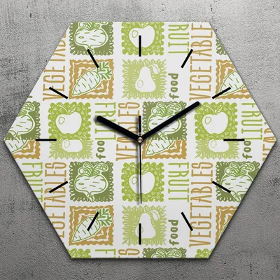 Produktbild von Uhr hexagonal 40 cm Glas Geräuschlos schwarze Zeiger - Obst und Gemüse