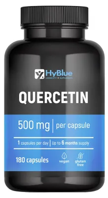 Immagine prodotto di HyBlue Quercetina 500 mg Pura, 180 Cps | Quercitina 500 mg Flavonoidi Integratori Diidrato, Integratore Antiossidante | Quercetina Pura No Glutine Ne Lattosio, 100% Vegano | Fino 6 Mesi